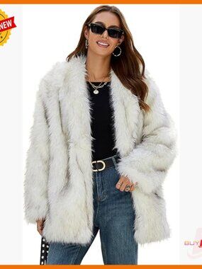 Mid-Length Faux Fur Coat with Lapel Collar and Pockets for Winter